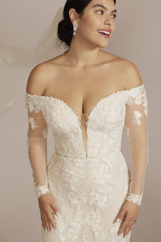 Off the Shoulder Lace Sleeve Trumpet Wedding Gown CWG927