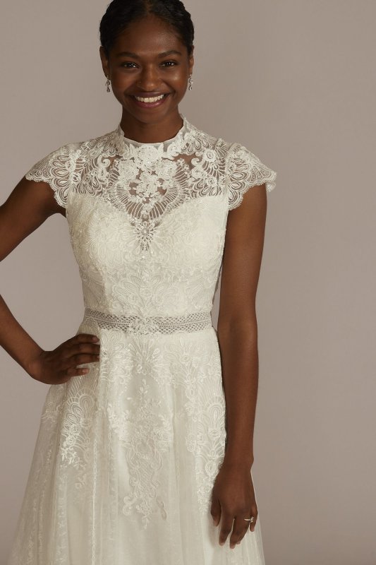 Embroidered Mock Neck Tea-Length Wedding Dress MIDMS251205