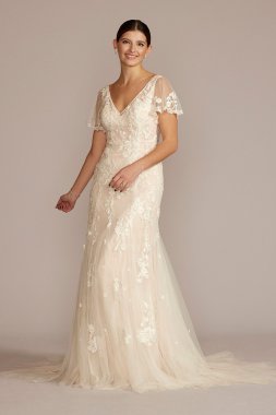 Soft Tulle Flutter Sleeve Mermaid Wedding Gown MS251252