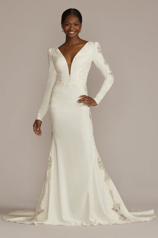 Long Sleeve Crepe Mermaid Gown with Illusion Sides SWG919