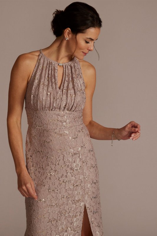 Stretch Lace Sheath Dress with Embellished Keyhole WBM2830