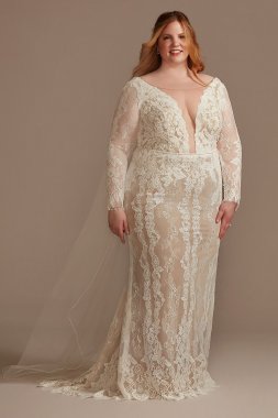 Illusion Plunge Sleeved Tall Plus Wedding dress 4XL8MS251247