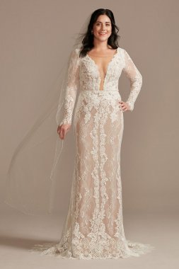 Illusion Plunge Sleeved Tall Lace Wedding Dress 4XLMS251247