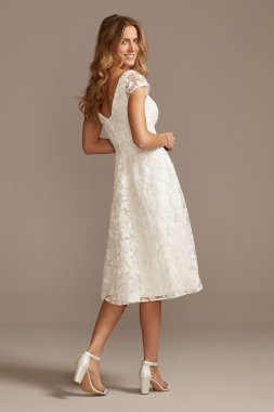 V-Neck Embroidered Lace Cap Sleeve A-Line Dress SDWG0804