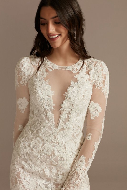 Long Sleeve Sequin Floral Bodysuit Wedding Dress SLMBSWG843