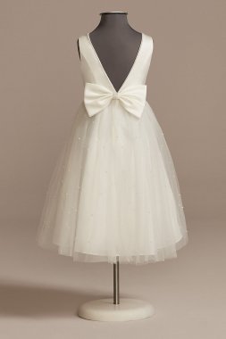 V-Back Tulle Flower Girl Dress with Pearls and Bow WG1425
