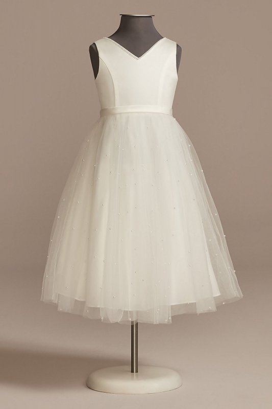 V-Back Tulle Flower Girl Dress with Pearls and Bow WG1425