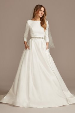 Low Back Mid-Sleeve Crepe and Satin Wedding Dress WG4005DB