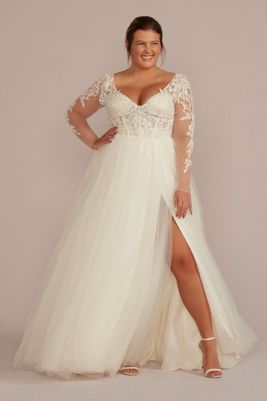 Sheer Bodice Long Sleeve Tall Plus Wedding Dress 4XL9SLWG4036