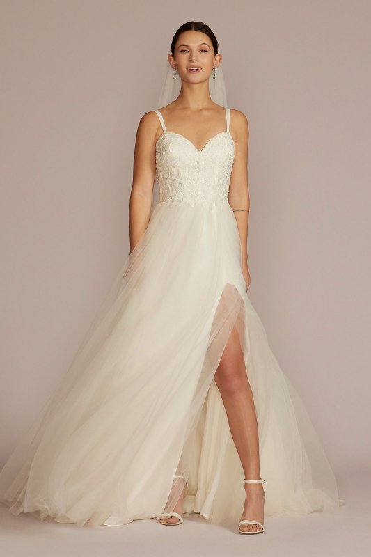 Floral Applique Spaghetti Strap Tall Wedding Dress 4XLLBWG4036
