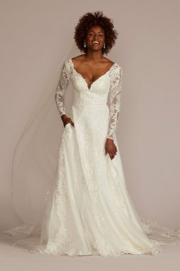 Lace Applique Long Sleeve Tulle Tall Wedding Dress 4XLSLCWG905