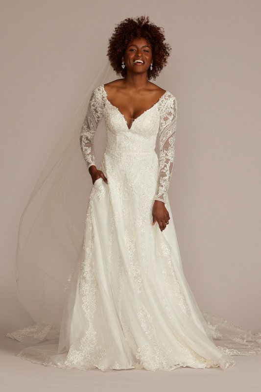 Lace Applique Long Sleeve Petite Wedding Dress 7SLCWG905