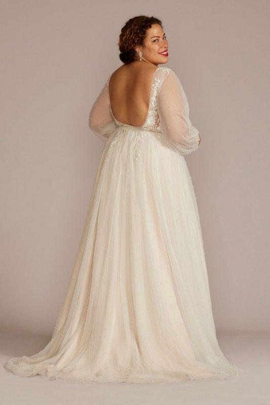 Long Sleeve Pearl Tulle Low Back Plus Wedding Gown 8SLCWG889