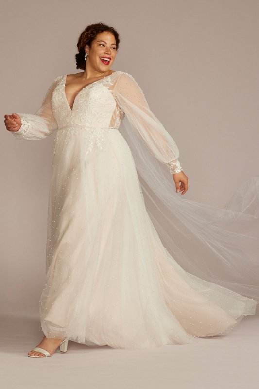 Long Sleeve Pearl Tulle Low Back Plus Wedding Gown 8SLCWG889