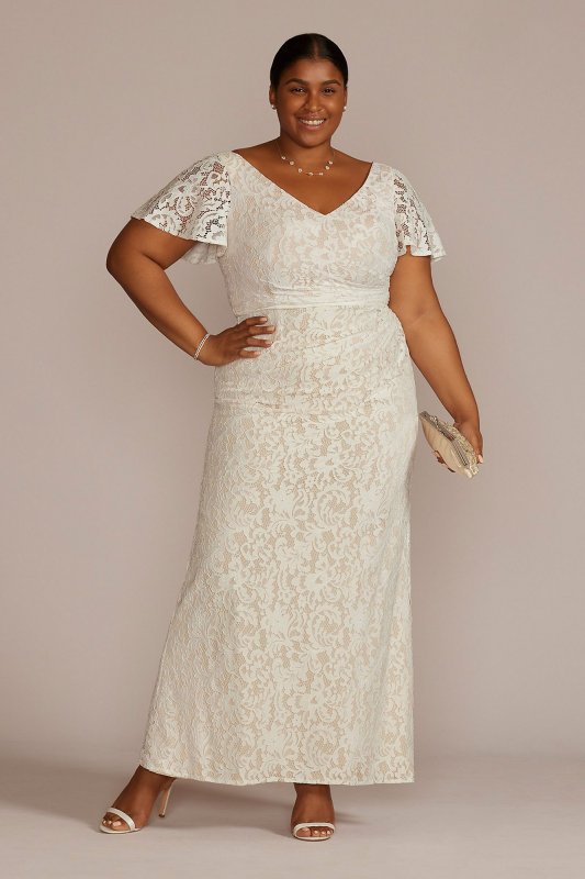 Lace Flutter Sleeve Draped Plus Size Wedding Gown 9SDWG1054