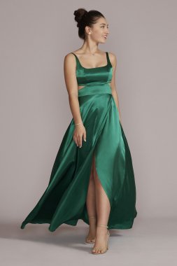 Square Neck Charmeuse Cutout Gown with Slit D24NY22064V1