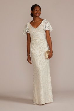 Lace Flutter Sleeve Draped Sheath Wedding Gown SDWG1054