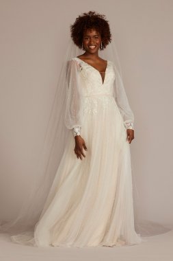 Long Sleeve Pearl Tulle Low Back Wedding Gown SLCWG889