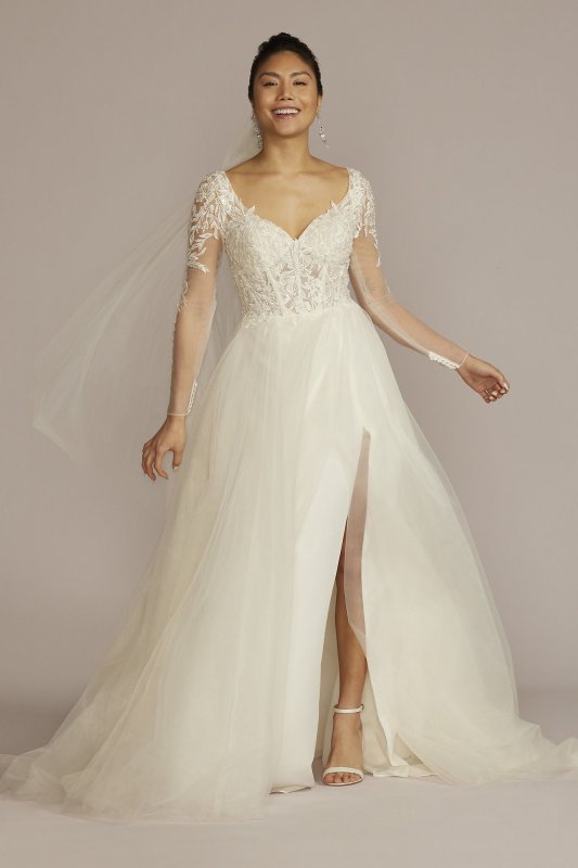 Sheer Boned Bodice Long Sleeve Wedding Dress SLWG4036