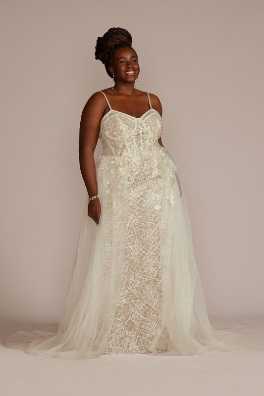 Lace Sheath Plus Size Wedding Gown with Overskirt 9SWG916