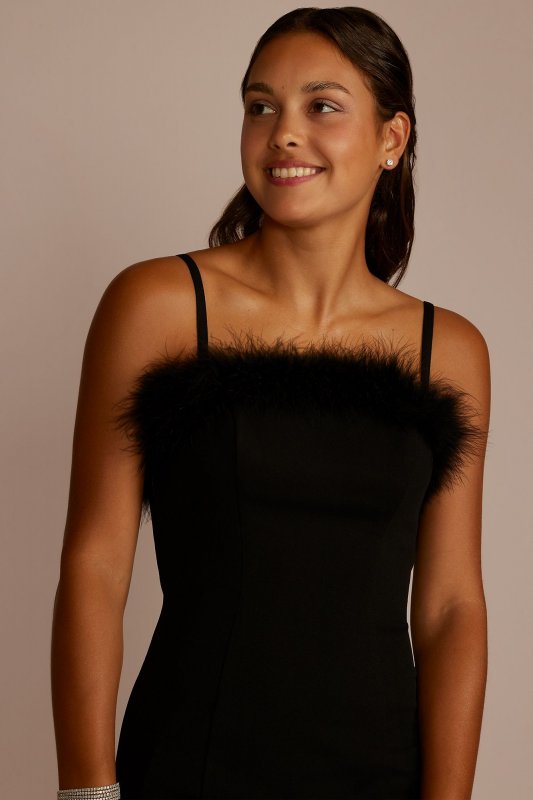 Feather Trim Square Neck Sheath with Slit 10032N