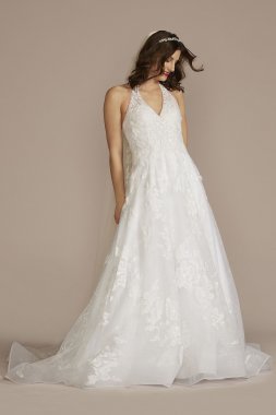 V-Neck Halter Beaded Lace Ball Gown Wedding Dress CWG955