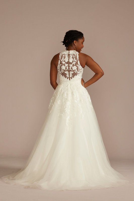 High Neck Lace Applique Tulle Wedding Dress CWG956