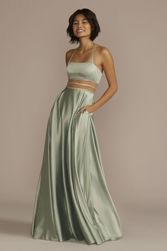 Charmeuse Halter A-line with Beaded Illusion Waist D24NY23001