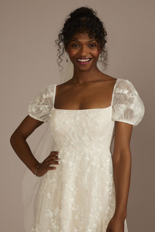 Embroidered Puff Sleeve Empire Waist Wedding Dress MS251266