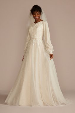 Long Sleeve Pearl Tulle Modest Wedding Dress MSLCWG889