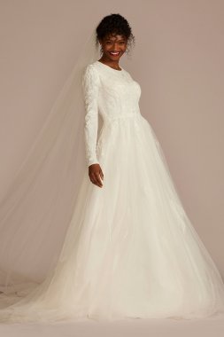 Lace Applique Tulle A-Line Modest Wedding Dress MSLCWG901