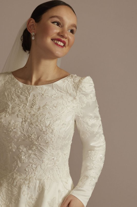 Long Sleeve Beaded Lace Modest Wedding Dress MSLCWG965