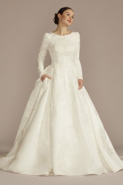 Long Sleeve Beaded Lace Modest Wedding Dress MSLCWG965