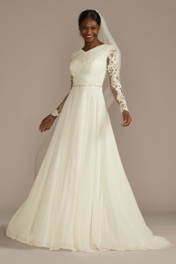 Long Sleeve Applique Chiffon Modest Wedding Dress MSLLBSWG842