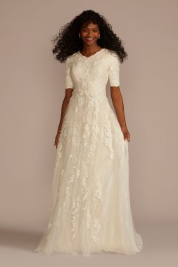 Beaded Lace Elbow Sleeve Modest Wedding Dress MSLMS251177
