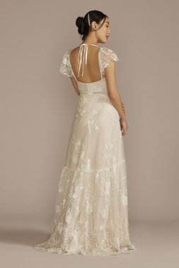 Allover Lace V-Neck Wedding Dress with Open Back SDWG1086