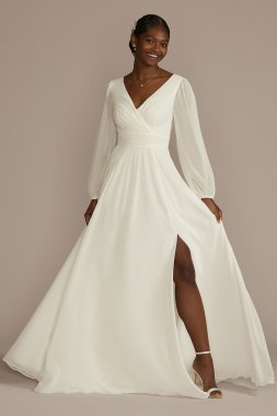 Long Billow Sleeve Chiffon A-Line Wedding Dress SDWG1126