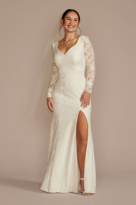 Long Sleeve Lace Scoop Back Sheath Wedding Dress SDWG1172