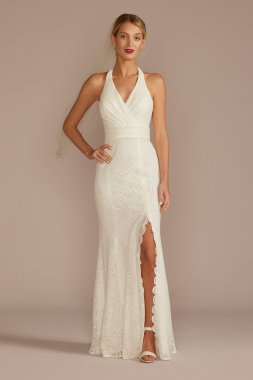 Allover Lace Halter Neck Sheath Wedding Dress SDWG1180