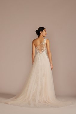 One-Shoulder Beaded Wedding Dress with Overskirt SWG951