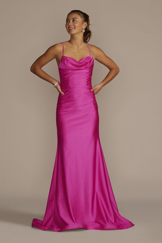 Cowl Neck Stretch Satin Mermaid Trumpet Dress WBM3576