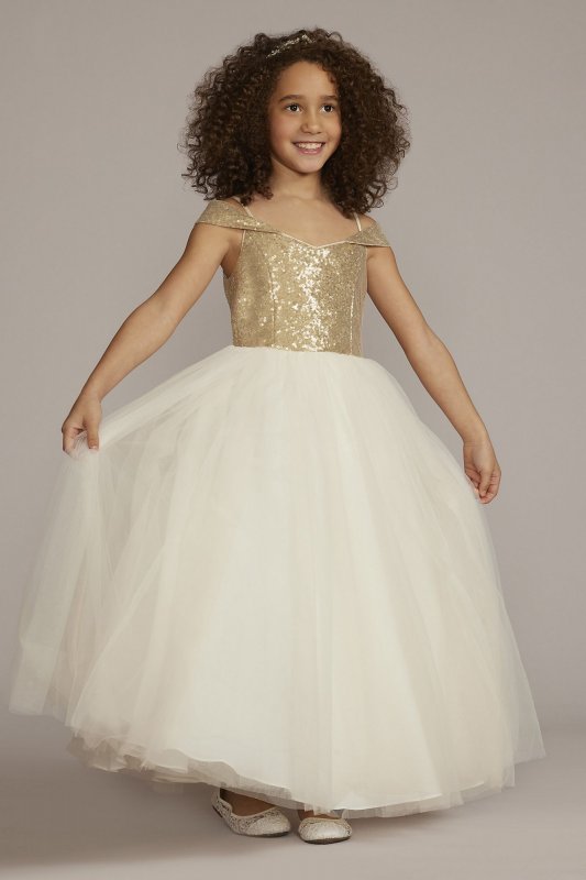 Off-the-Shoulder Sequin Bodice Flower Girl Dress WG1467