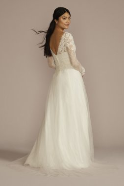 Long Sleeve Lace Bodice Tulle A-Line Wedding Dress WG4088