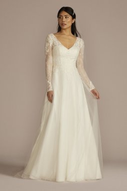 Long Sleeve Lace Bodice Tulle A-Line Wedding Dress WG4088
