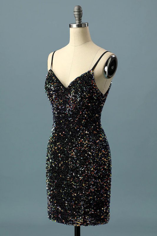 Glitter Black Bodycon Sequins Short Homecoming Dress E202283181