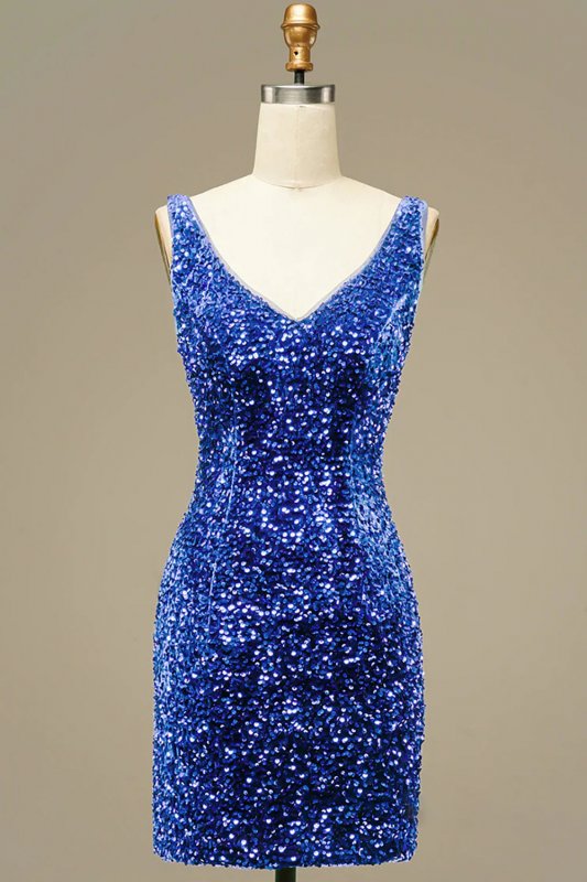 Royal Blue V Neck Sequins Homecoming Dress E202283169