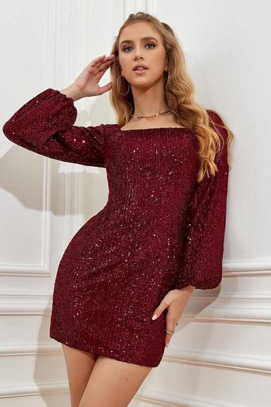 Burgundy Tight Sequins Homecoming Dress with Sleeves E202283635