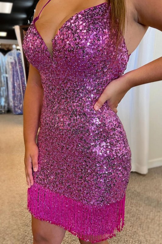 Purple Sequins Tight Homecoming Dress with Fringes E202283642