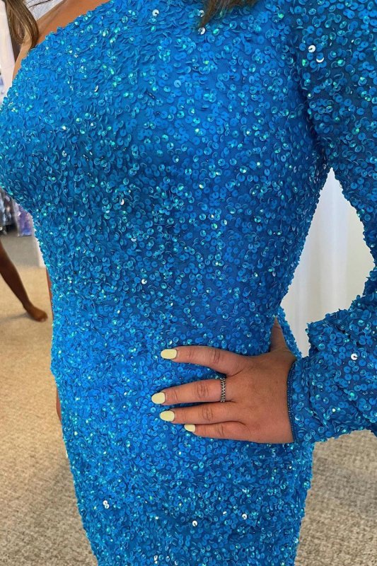 Blue One Shoulder Sequins Tight Homecoming Dress E202283644