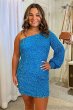 Blue One Shoulder Sequins Tight Homecoming Dress E202283644